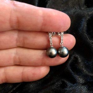 White Gold 9mm Tahitian Pearl Dangle Earrings